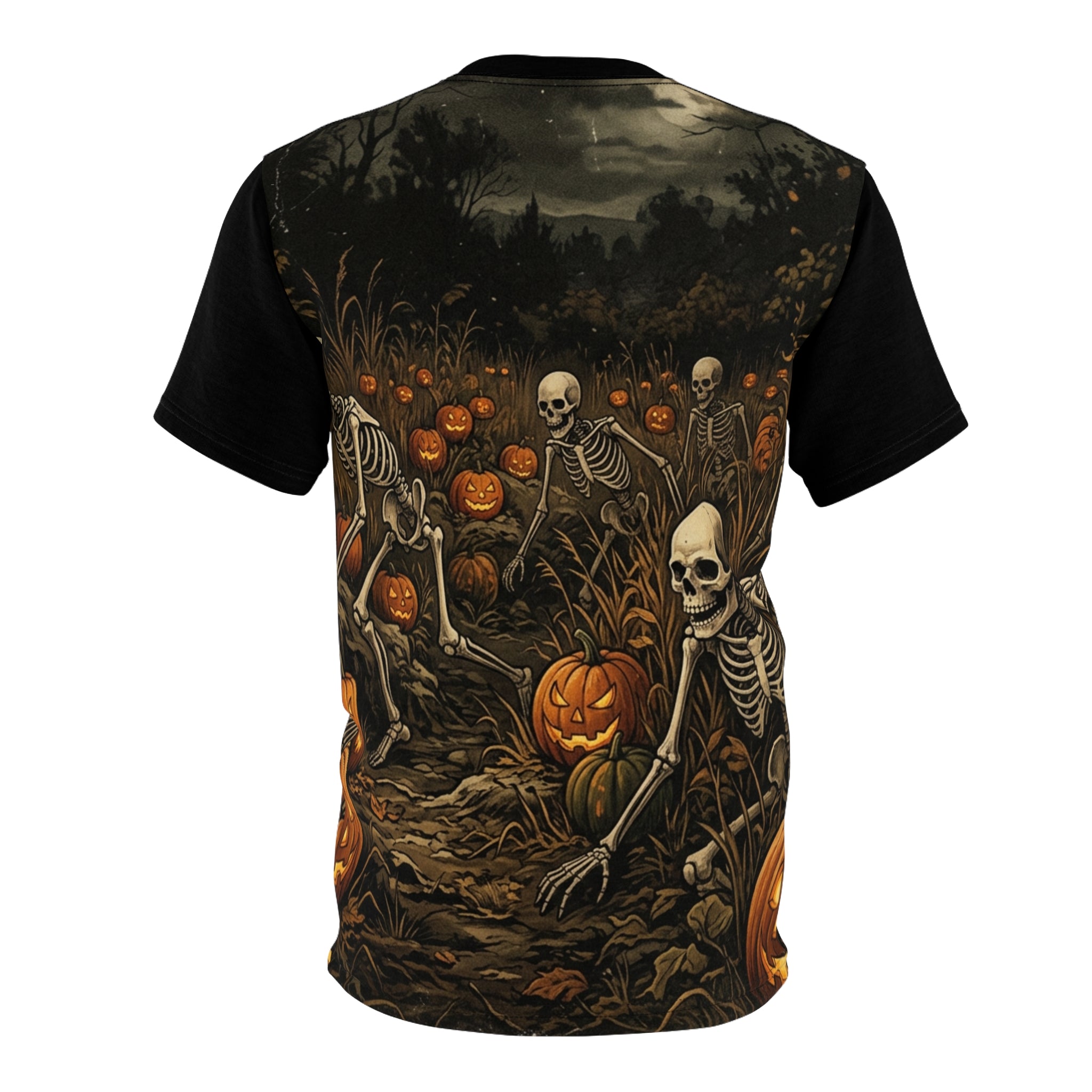 Halloween Skeleton Pumpkin Tee — Spooky Graveyard All-Over Print Shirt