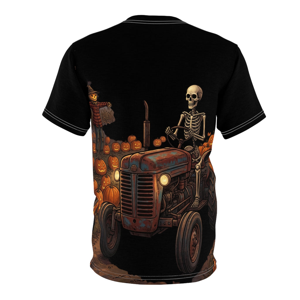 Skeleton on Tractor Halloween Tee — Pumpkin Patch All-Over Print Shirt