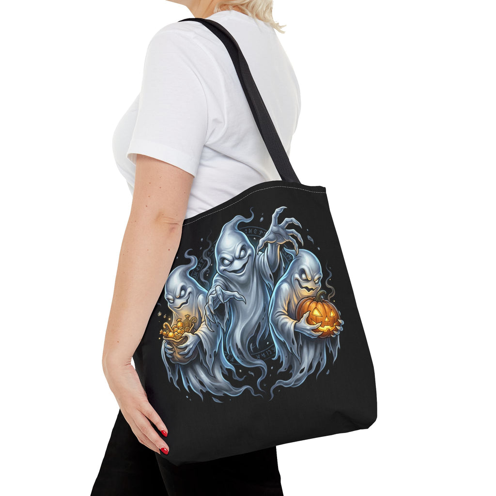 Halloween Ghost Trio Tote Bag — Spooky Pumpkin Trick-or-Treat AOP Tote