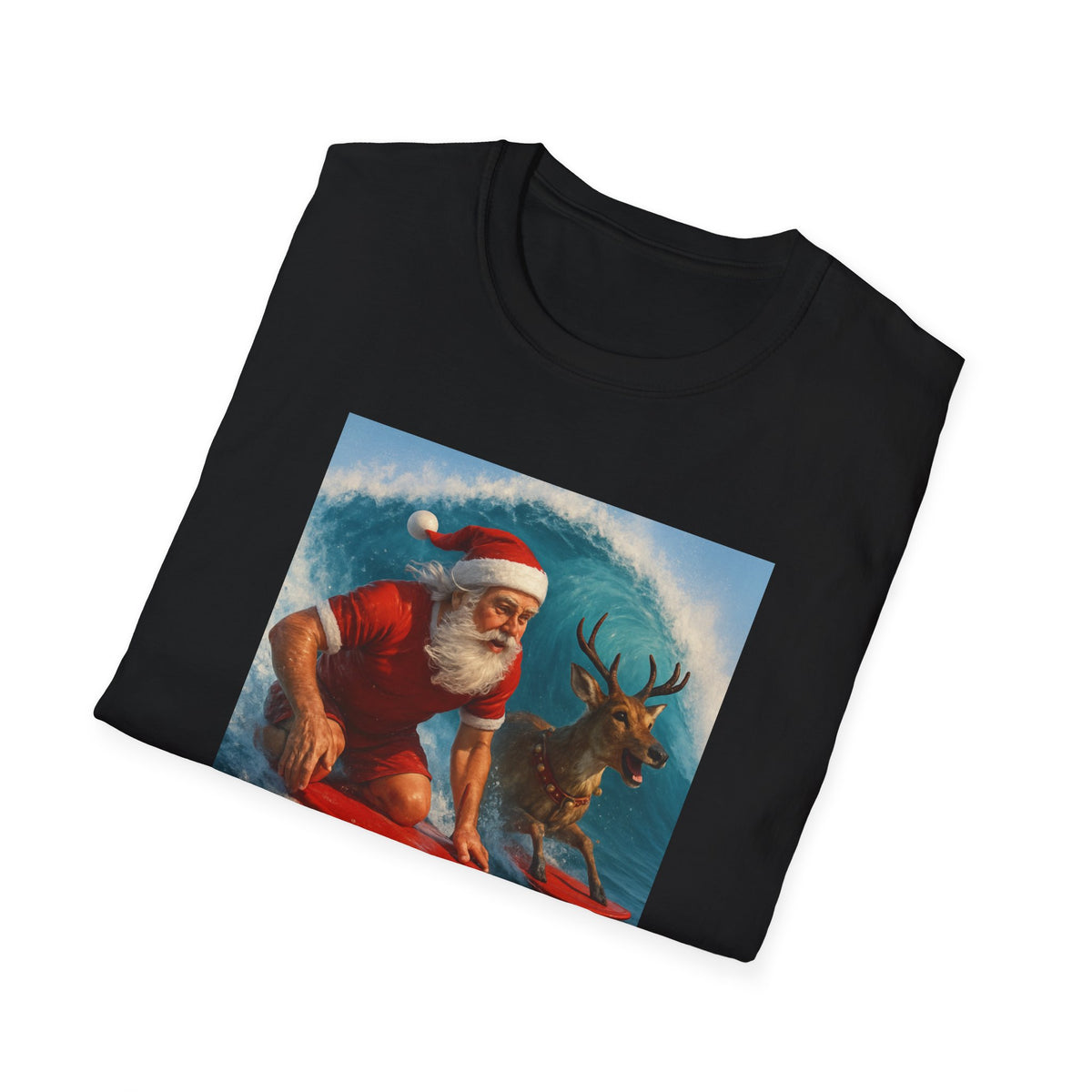 Santa Surfing T-Shirt — Retro Santa and Reindeer Surf Holiday Tee