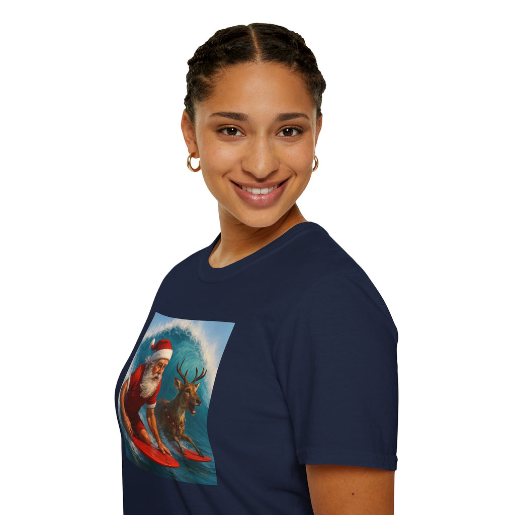 Santa Surfing T-Shirt — Retro Santa and Reindeer Surf Holiday Tee