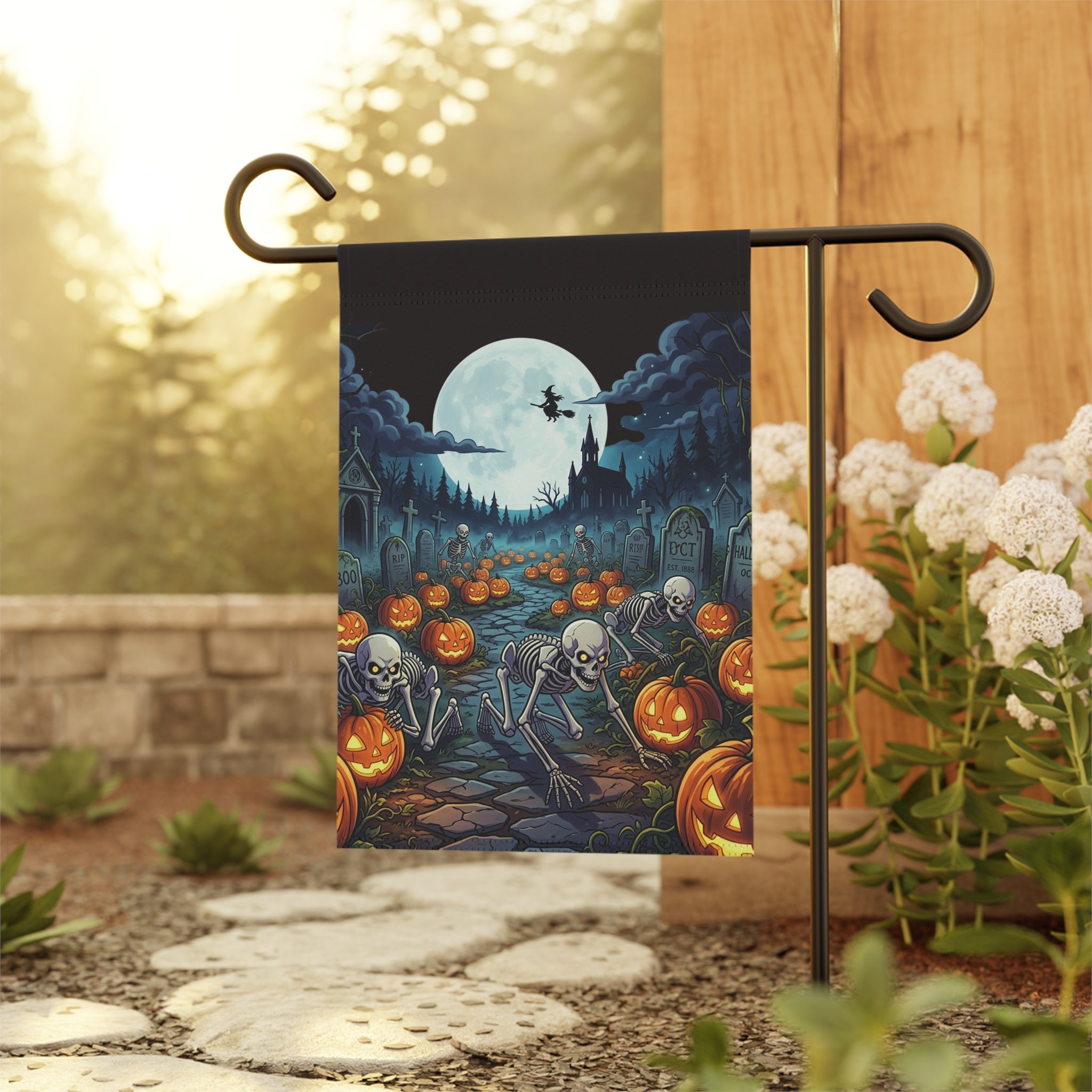 Halloween Skeleton & Jack-O'-Lantern Garden Flag — Spooky Moonlit Cemetery Yard Banner