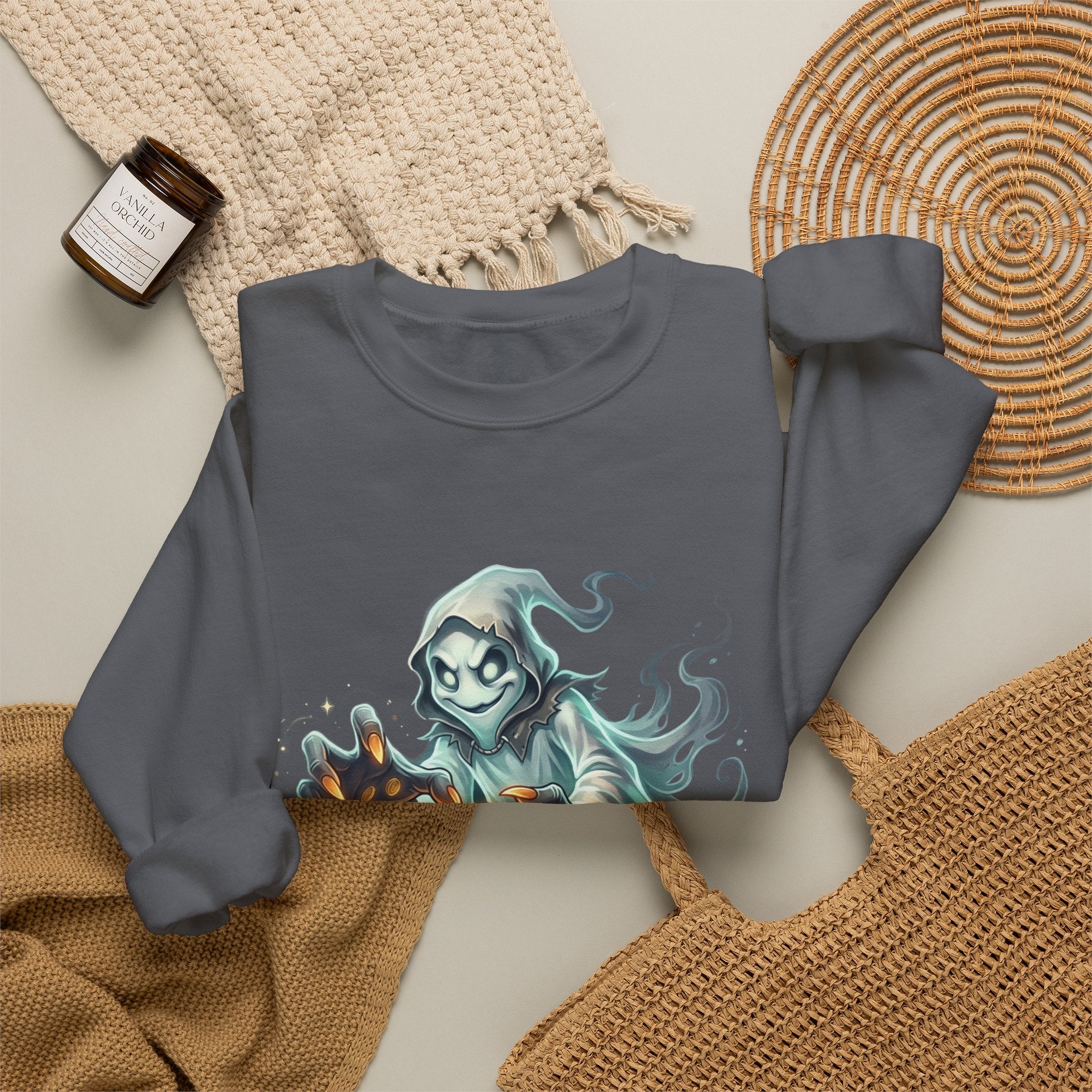 Treasure Ghost Halloween Crewneck Sweatshirt — Hooded Specter with Glowing Candy