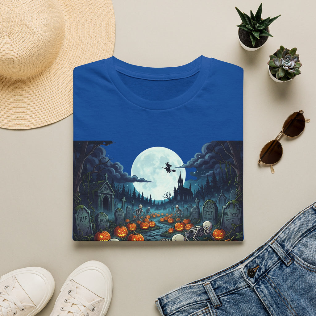 Halloween Pumpkin Patch T-Shirt — Haunted Moonlit Cemetery Graphic Tee