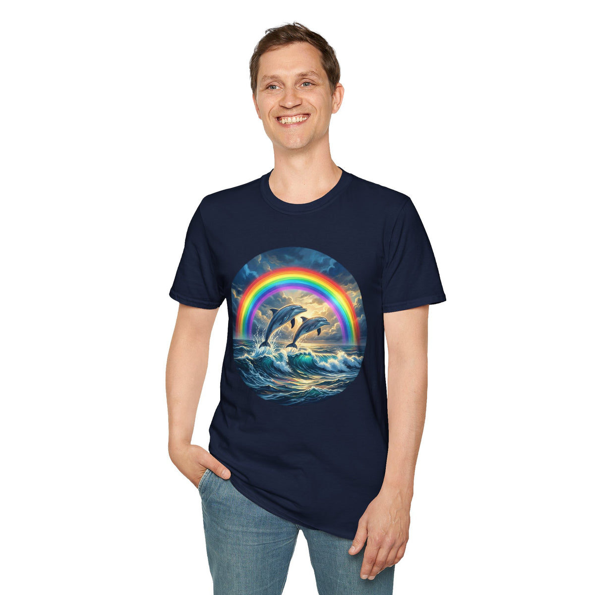 Dolphin Rainbow Wave T-Shirt — Ocean Sunset Graphic Tee