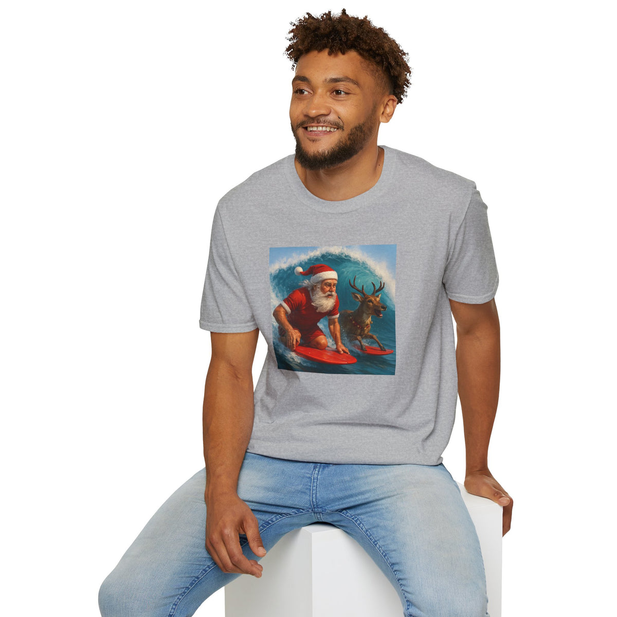 Santa Surfing T-Shirt — Retro Santa and Reindeer Surf Holiday Tee