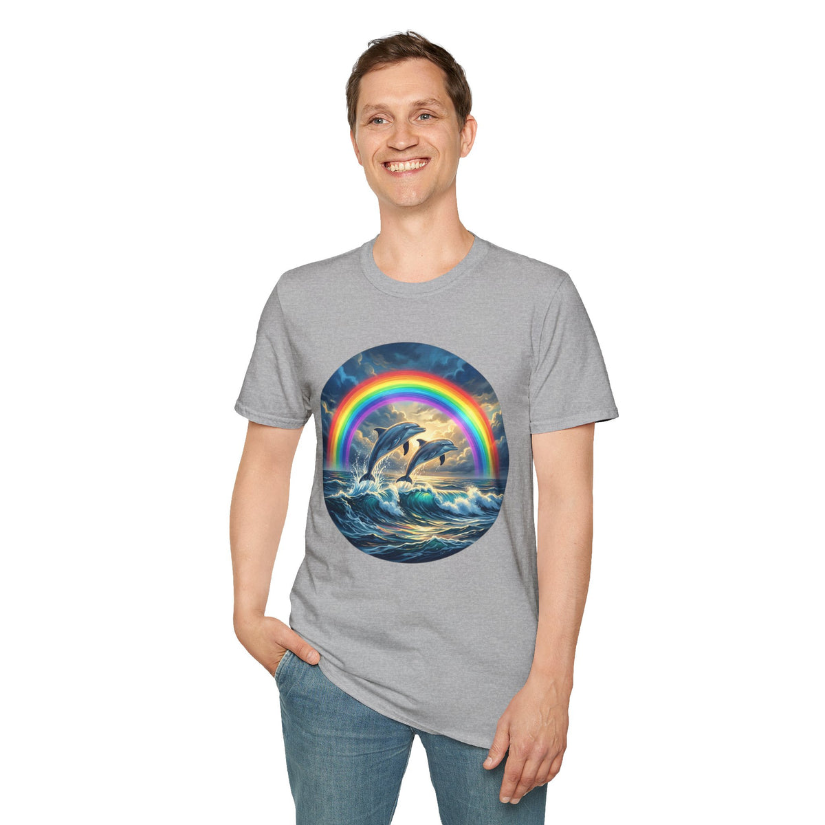 Dolphin Rainbow Wave T-Shirt — Ocean Sunset Graphic Tee