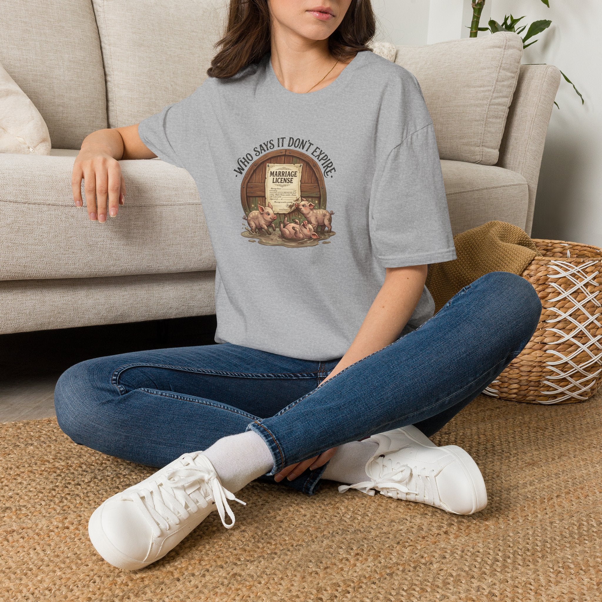 Funny Pig Wedding T-Shirt — "Who Says It Don't Expire" Marriage License Graphic Tee