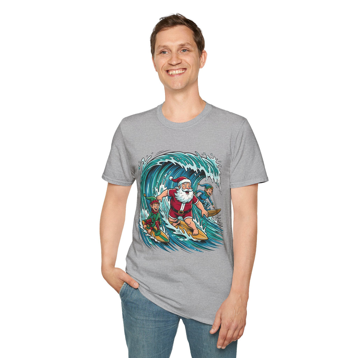 Surfing Santa T-Shirt — Christmas Beach Holiday Tee