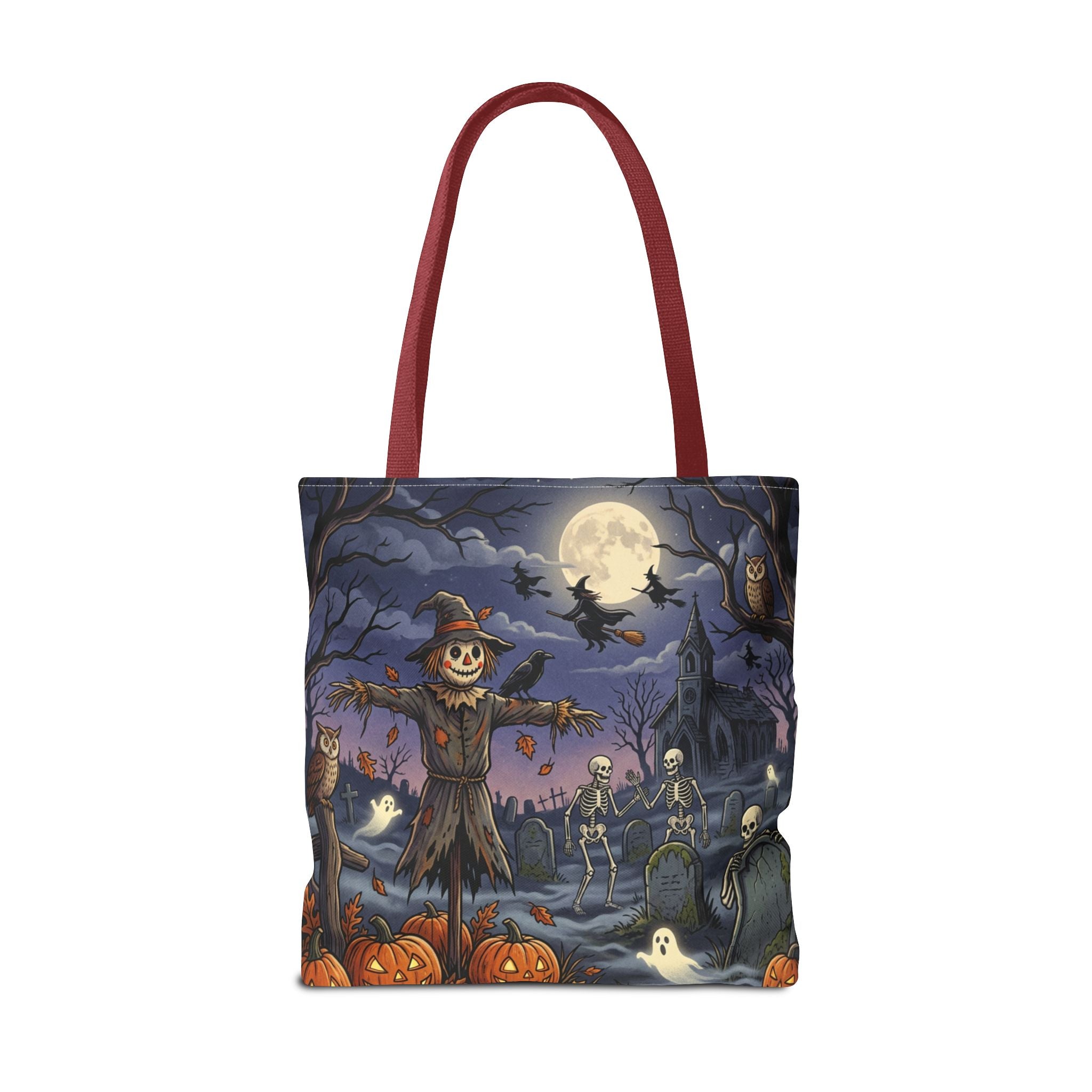 Halloween Haunted Night Tote Bag – Spooky Scarecrow & Skeletons All-Over Print