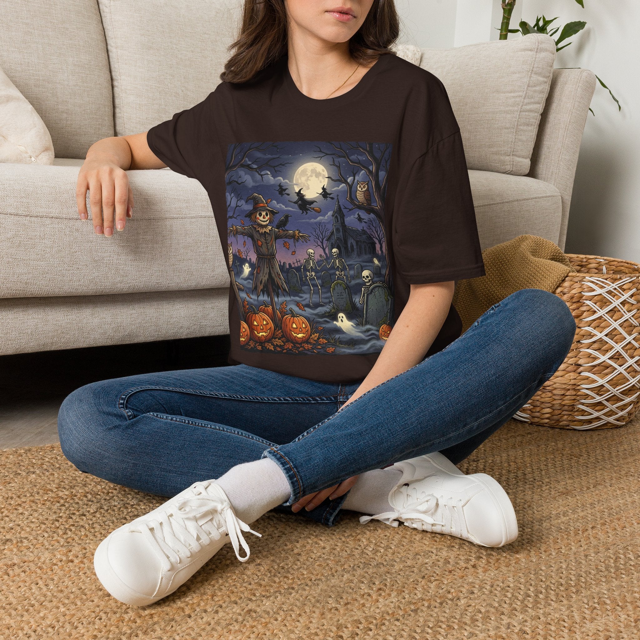 Halloween Night T-Shirt — Spooky Scarecrow & Full Moon Scene