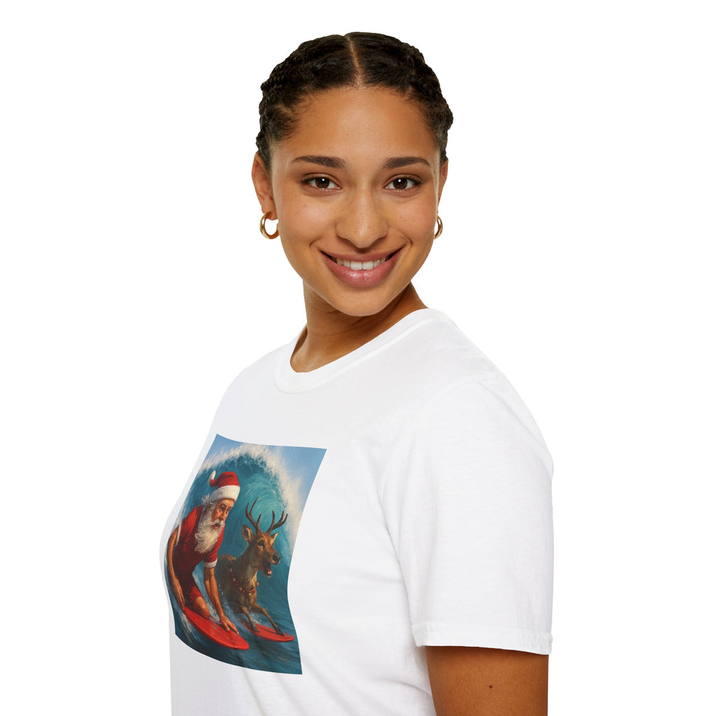 Santa Surfing T-Shirt — Retro Santa and Reindeer Surf Holiday Tee