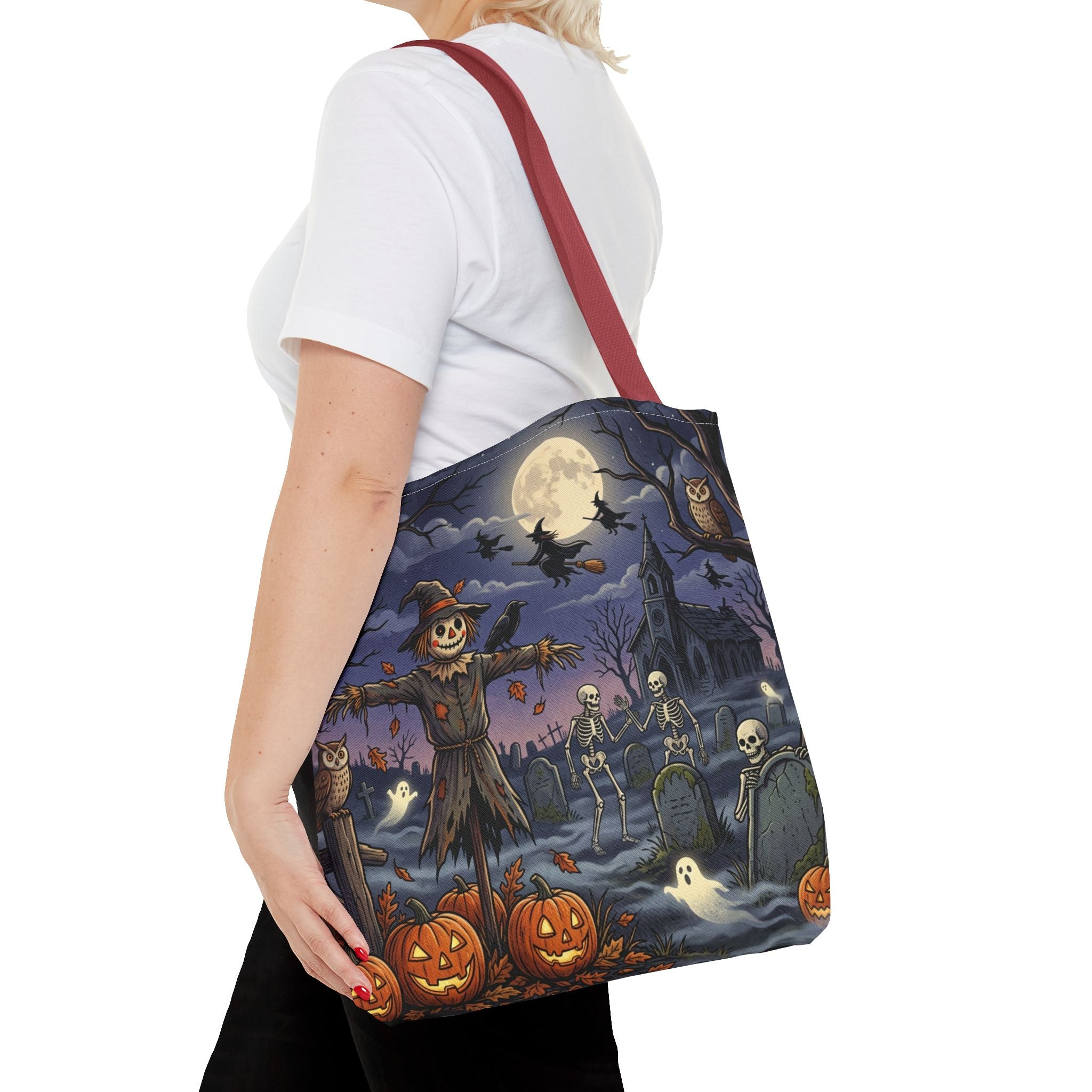 Halloween Haunted Night Tote Bag – Spooky Scarecrow & Skeletons All-Over Print