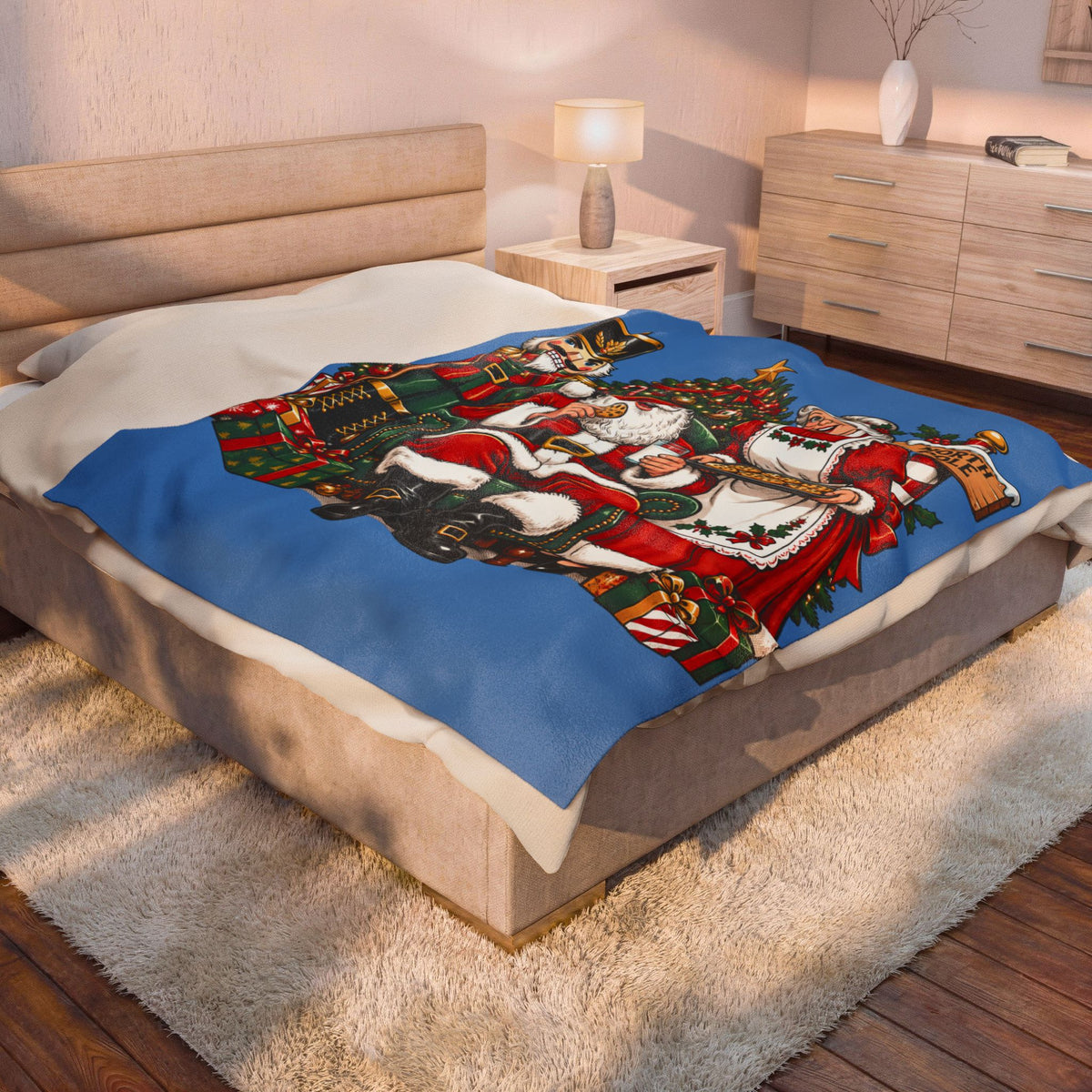 Santa Claus, Mrs. Claus & Nutcracker Christmas Velveteen Plush Blanket
