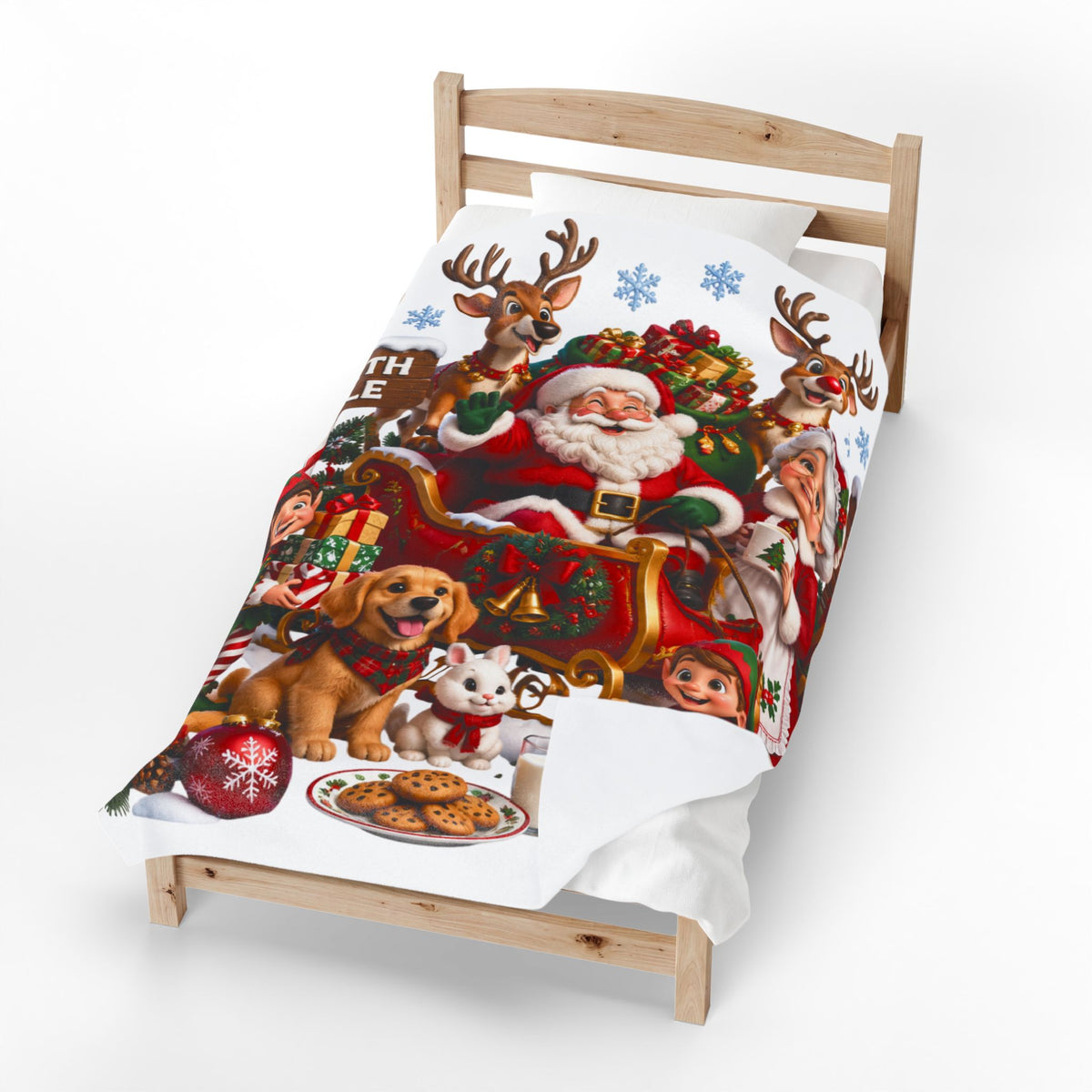 North Pole Christmas Santa & Reindeer Velveteen Plush Blanket