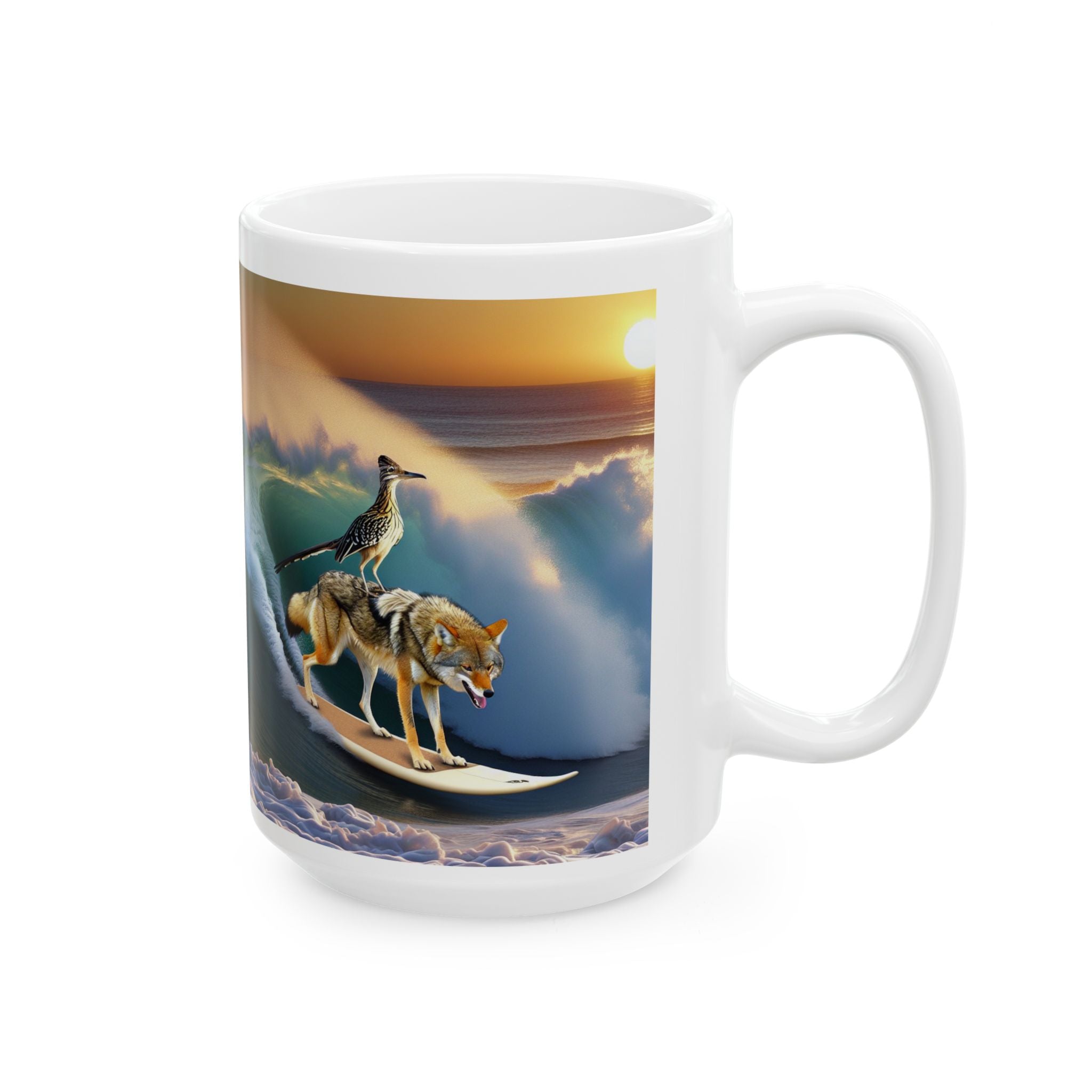 Roadrunner & Coyote Funny Desert Surfer Ceramic Coffee Mug (11oz, 15oz)