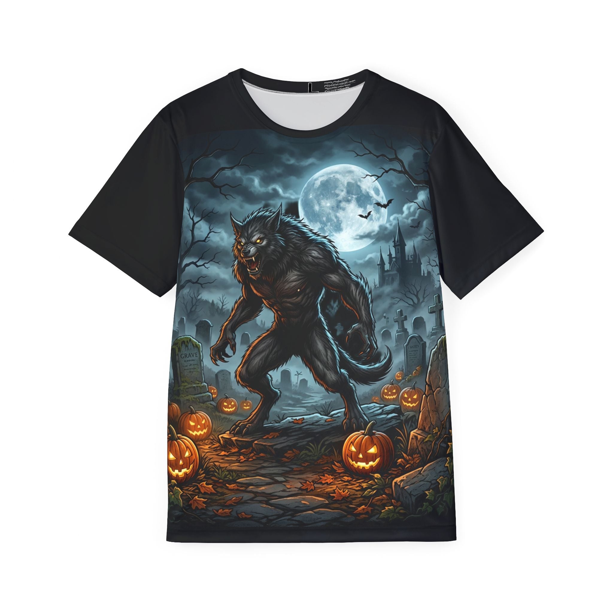 Werewolf Halloween Jersey — Full‑Print Men's Sports Tee with Moonlit Graveyard