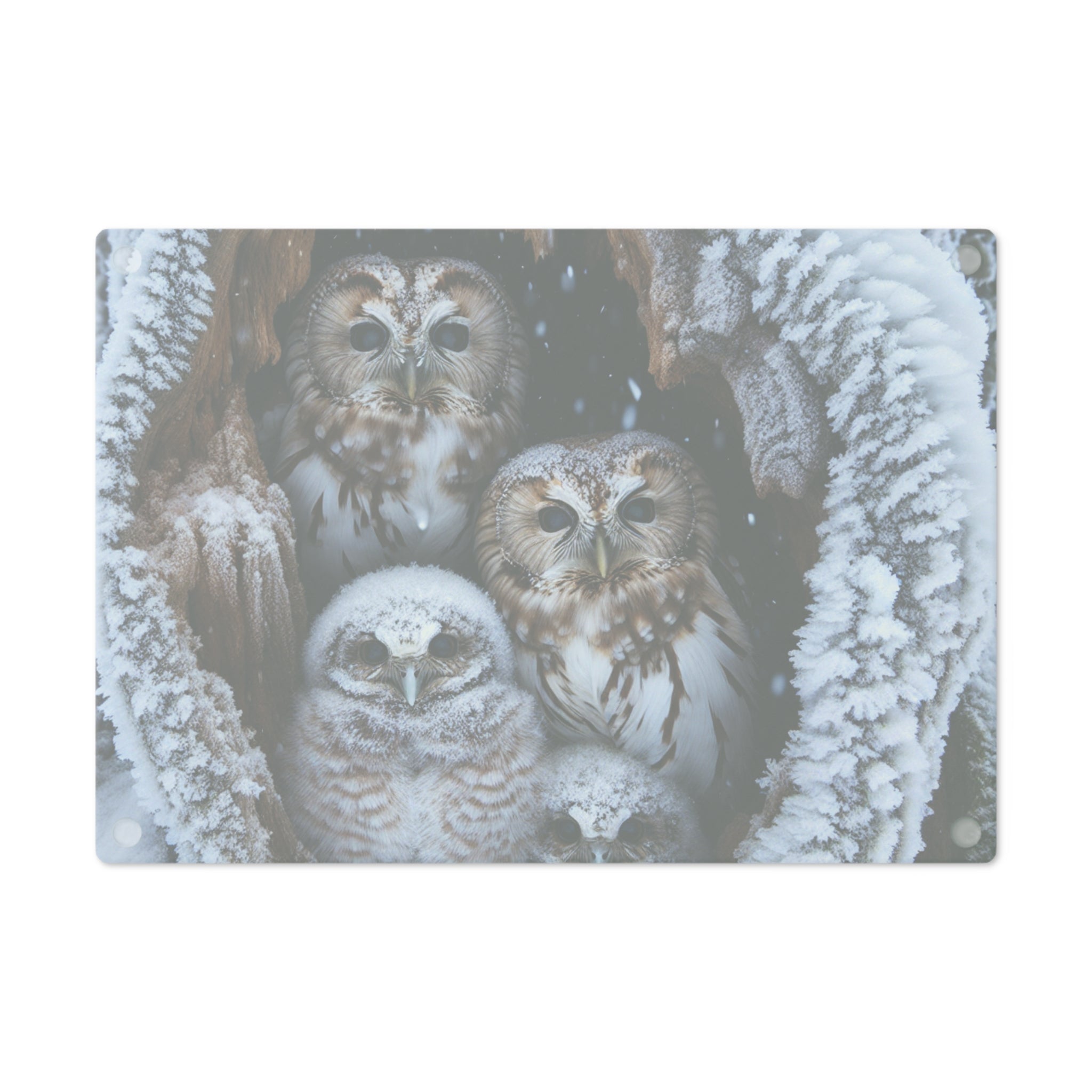 Owl Family Winter Cutting Board — Snowy Woodland Kitchen Decor