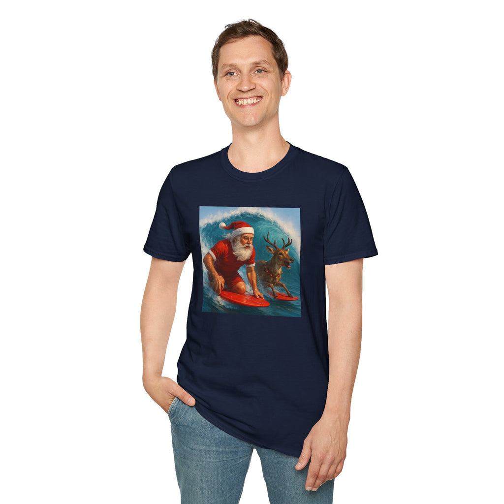 Santa Surfing T-Shirt — Retro Santa and Reindeer Surf Holiday Tee
