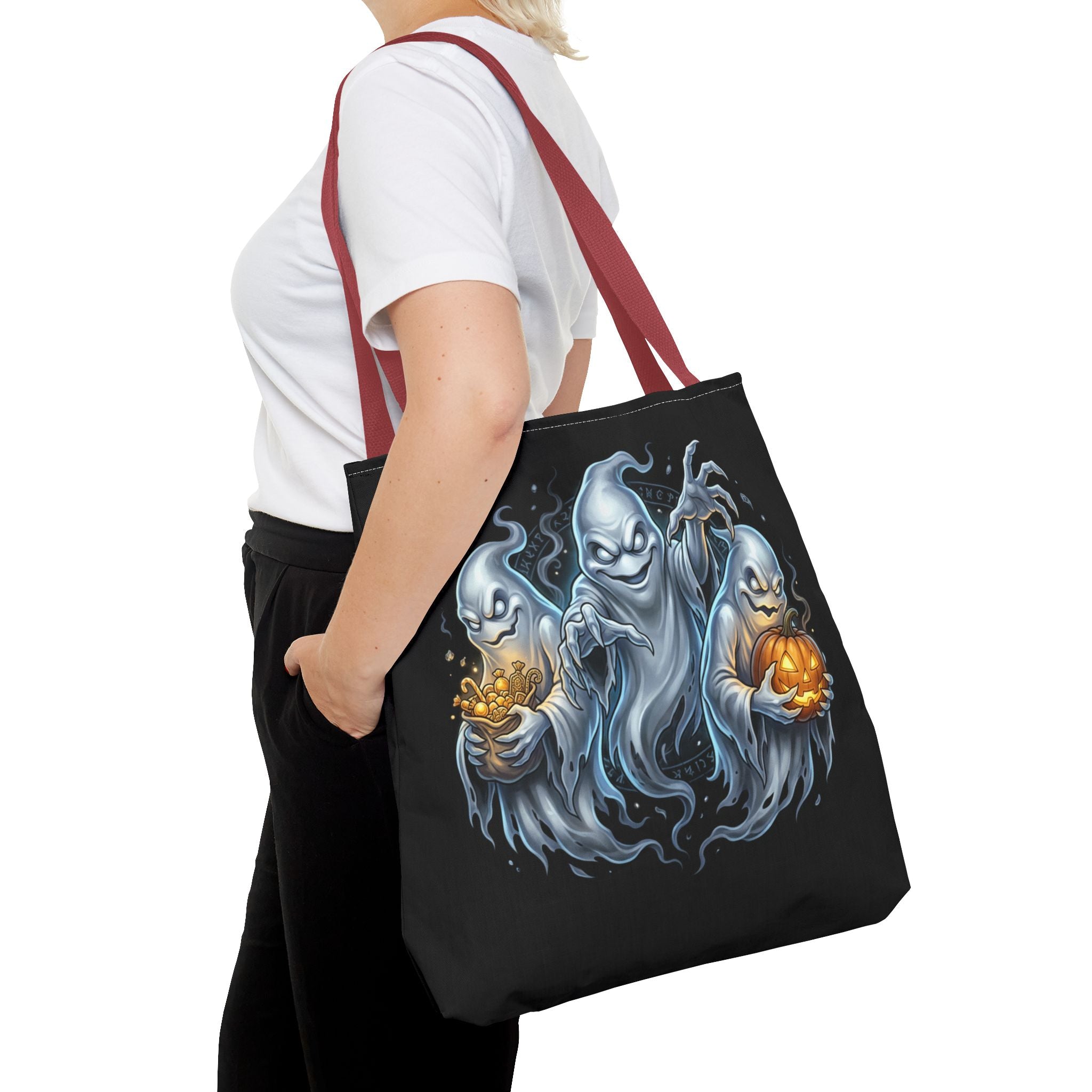 Halloween Ghost Trio Tote Bag — Spooky Pumpkin Trick-or-Treat AOP Tote