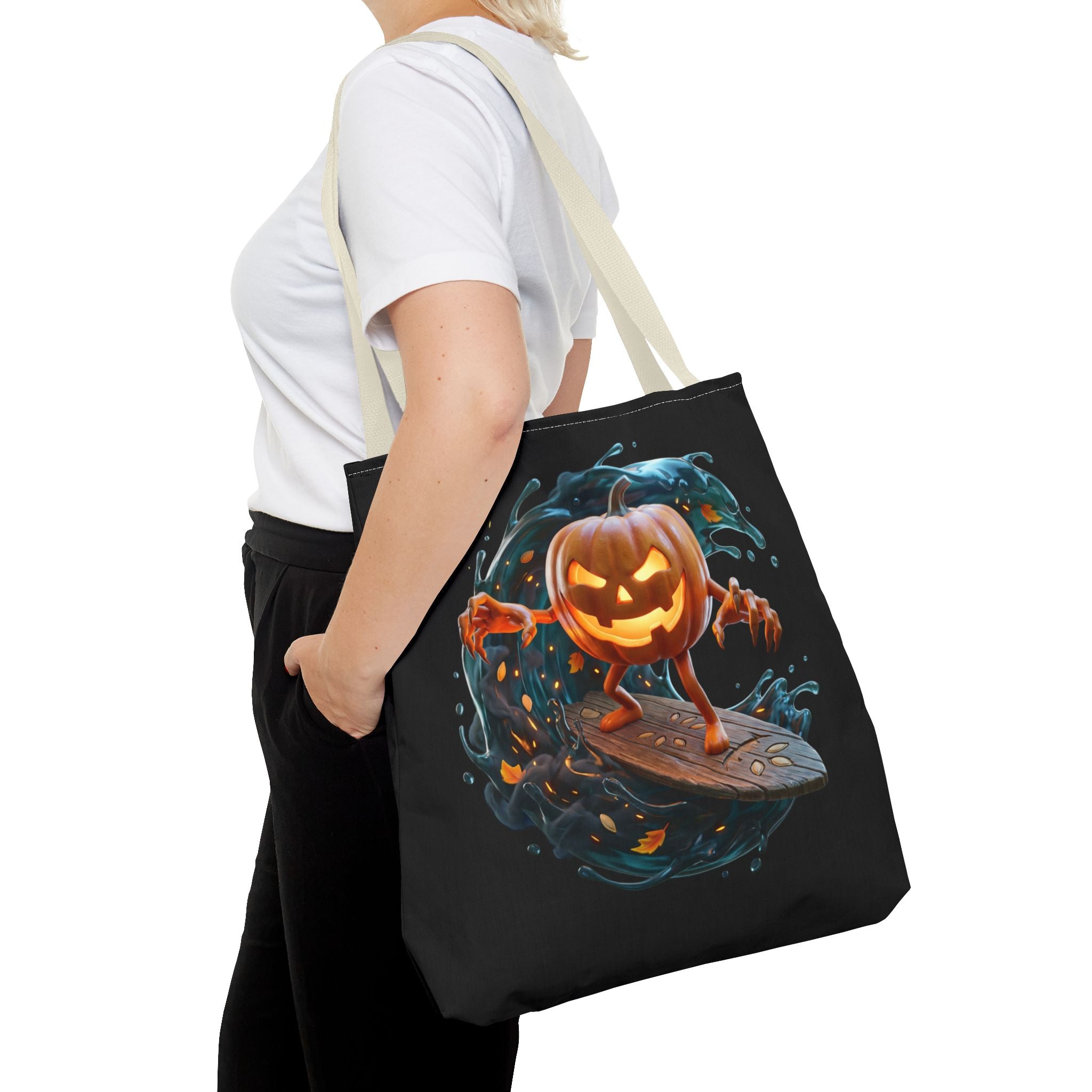 Halloween Pumpkin Surf Tote Bag — Spooky Jack-O'-Lantern Surfing Beach Tote