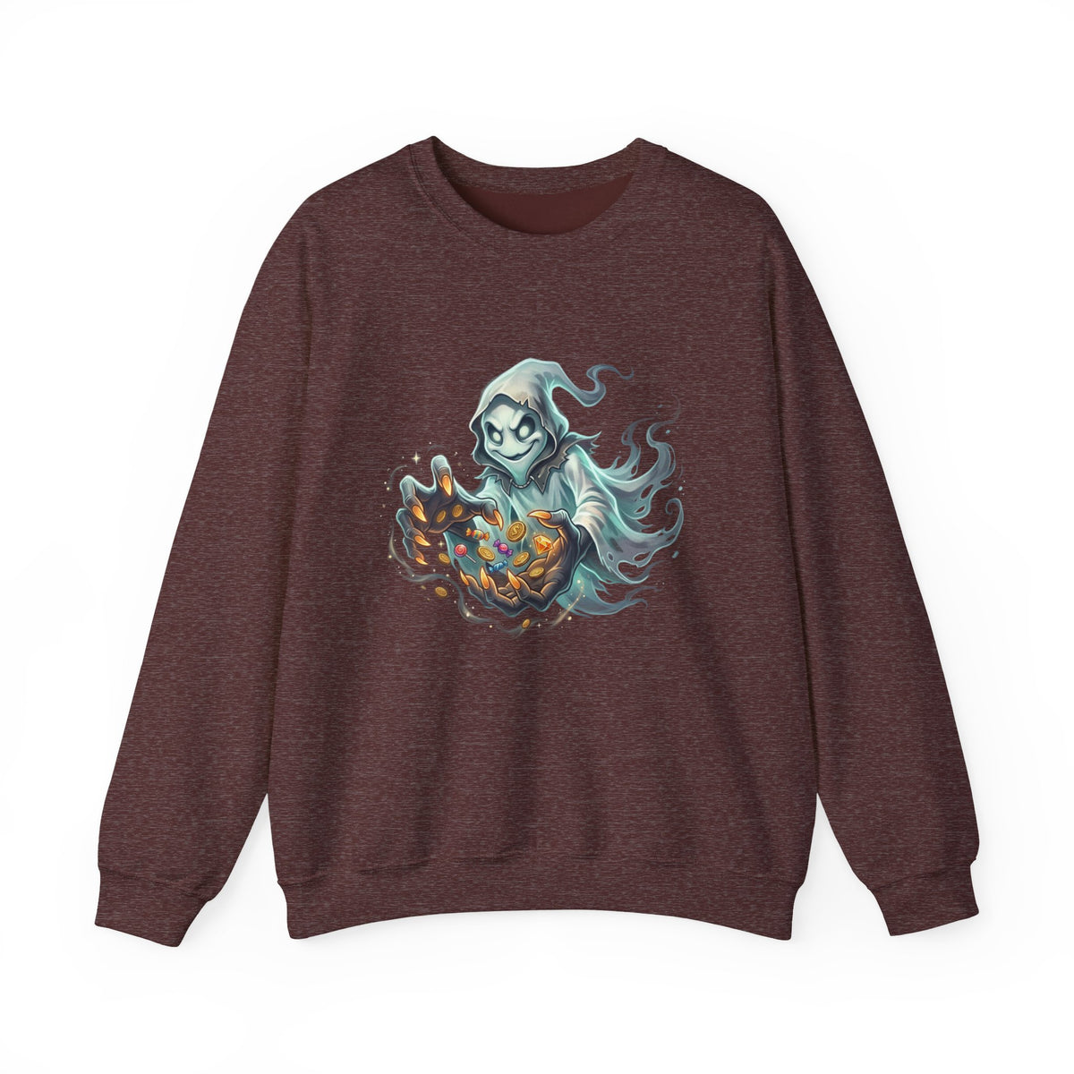 Treasure Ghost Halloween Crewneck Sweatshirt — Hooded Specter with Glowing Candy
