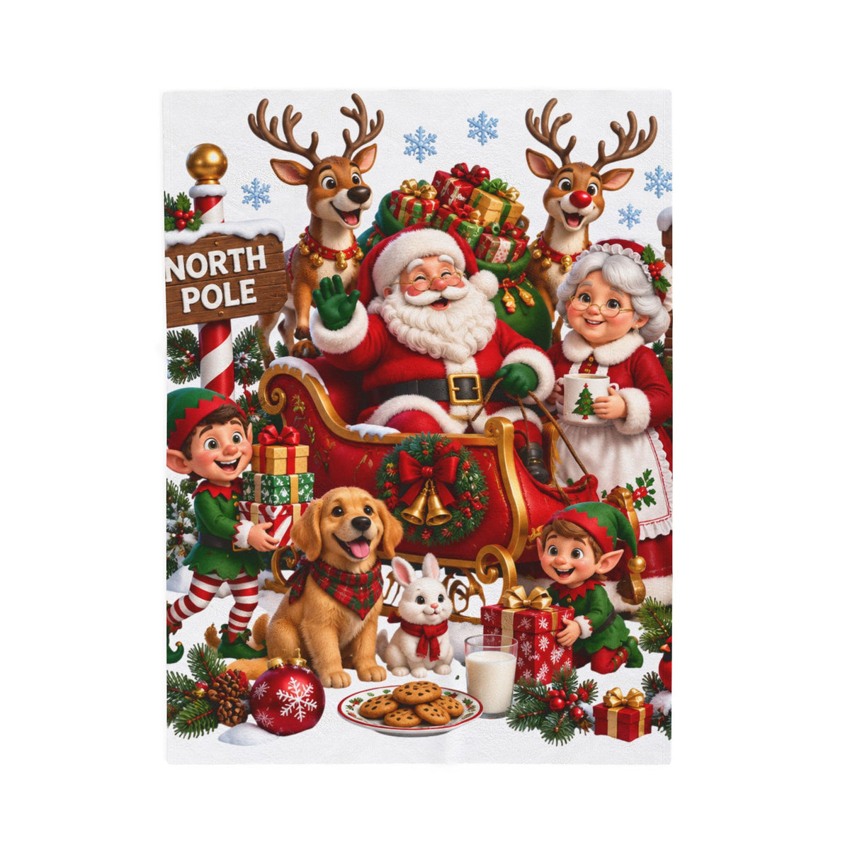 North Pole Christmas Santa & Reindeer Velveteen Plush Blanket