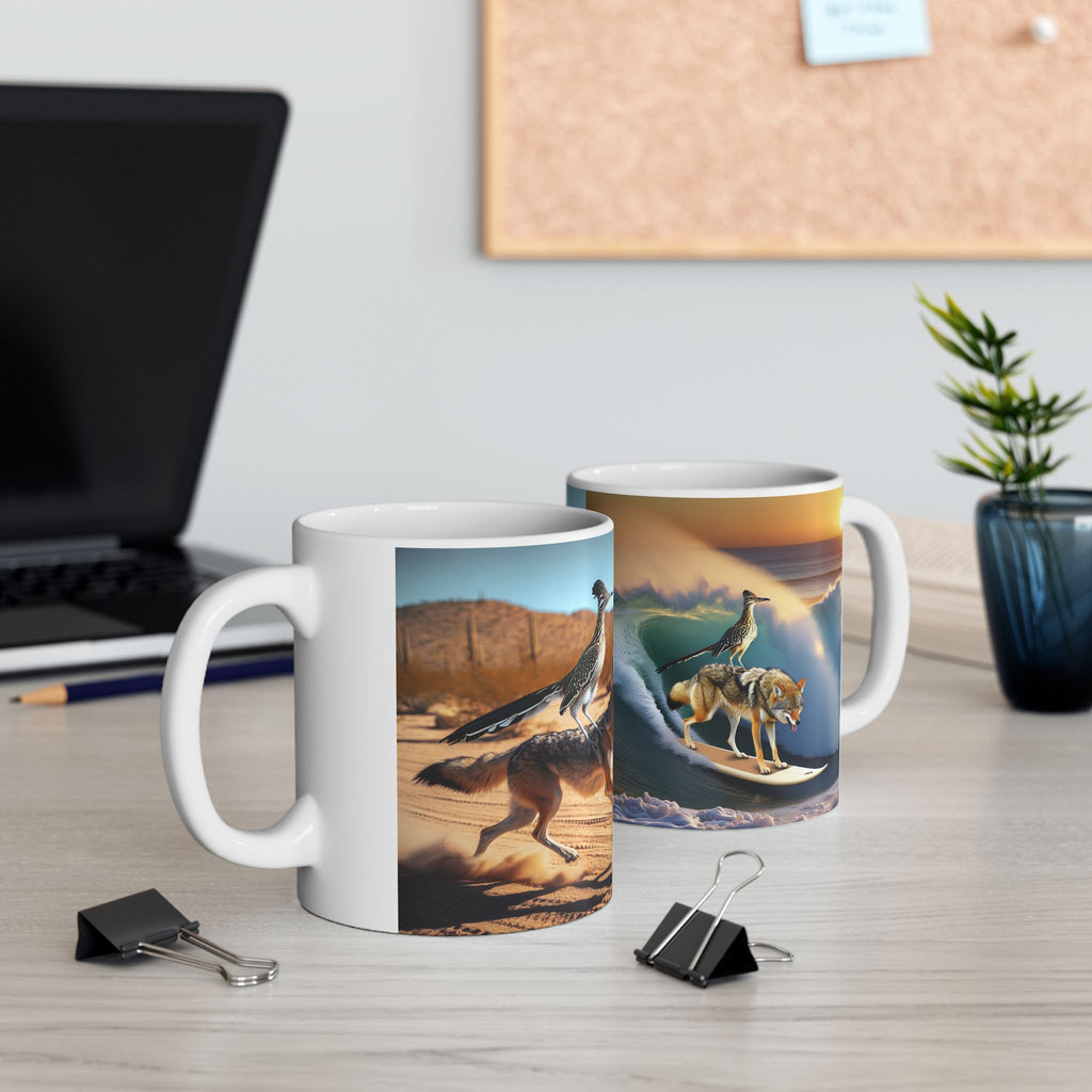 Roadrunner & Coyote Funny Desert Surfer Ceramic Coffee Mug (11oz, 15oz)