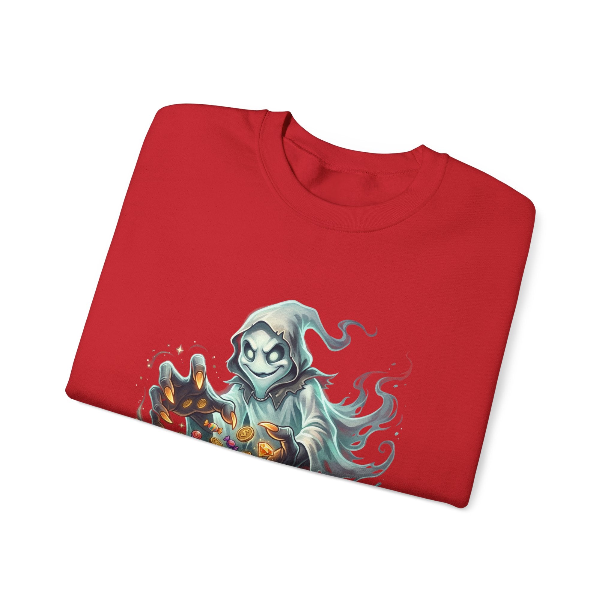 Treasure Ghost Halloween Crewneck Sweatshirt — Hooded Specter with Glowing Candy