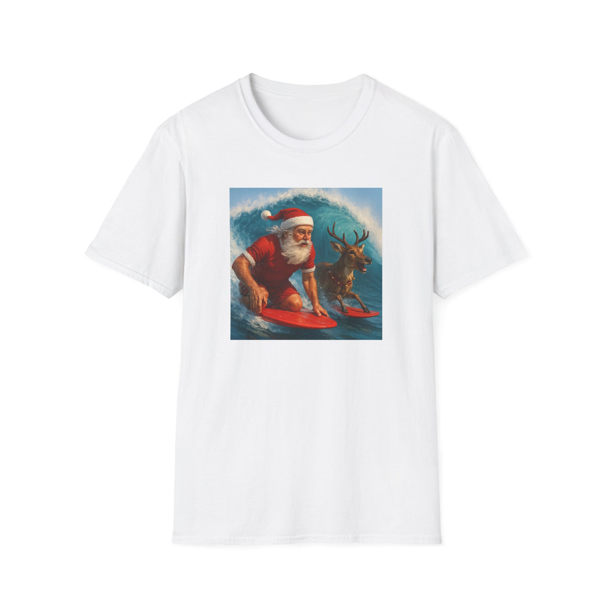 Santa Surfing T-Shirt — Retro Santa and Reindeer Surf Holiday Tee