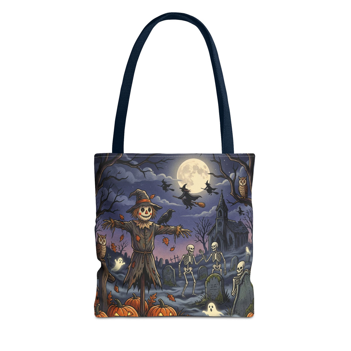 Halloween Haunted Night Tote Bag – Spooky Scarecrow & Skeletons All-Over Print