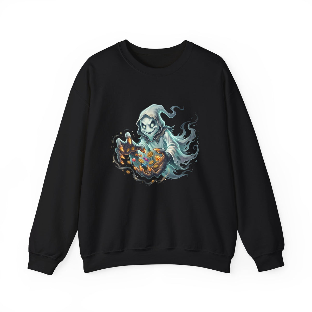 Treasure Ghost Halloween Crewneck Sweatshirt — Hooded Specter with Glowing Candy