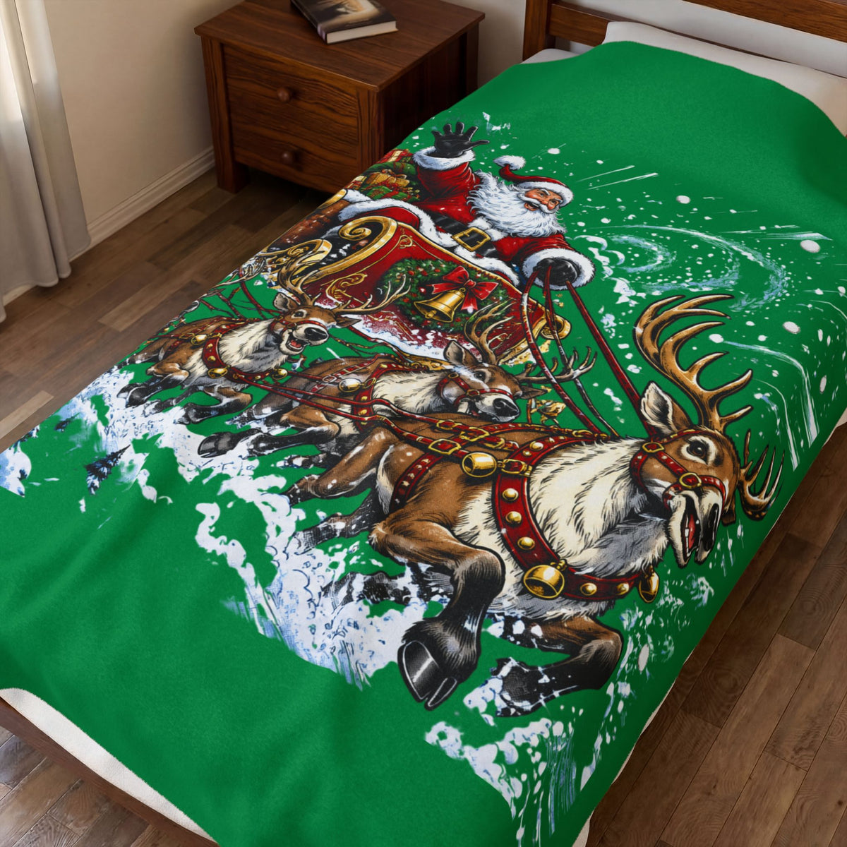 Christmas Santa and Reindeer Velveteen Plush Blanket