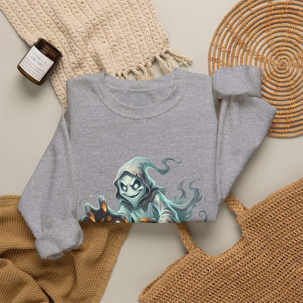 Treasure Ghost Halloween Crewneck Sweatshirt — Hooded Specter with Glowing Candy