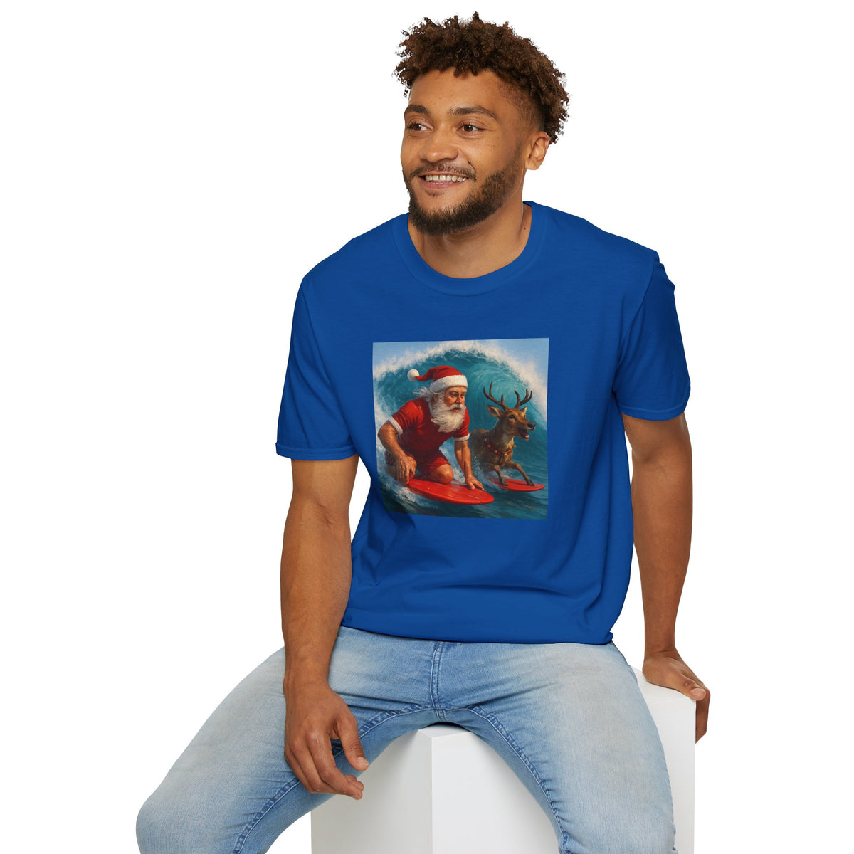 Santa Surfing T-Shirt — Retro Santa and Reindeer Surf Holiday Tee