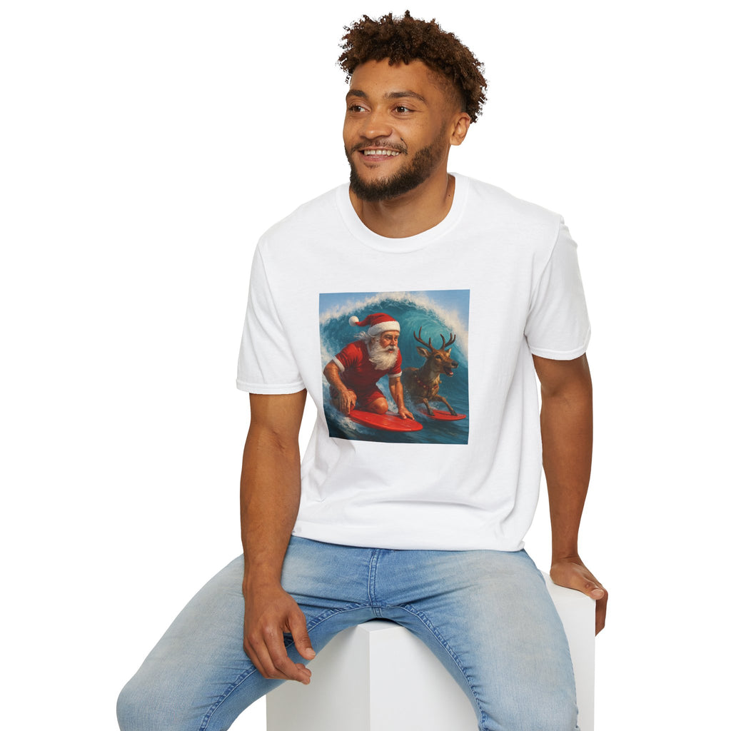Santa Surfing T-Shirt — Retro Santa and Reindeer Surf Holiday Tee