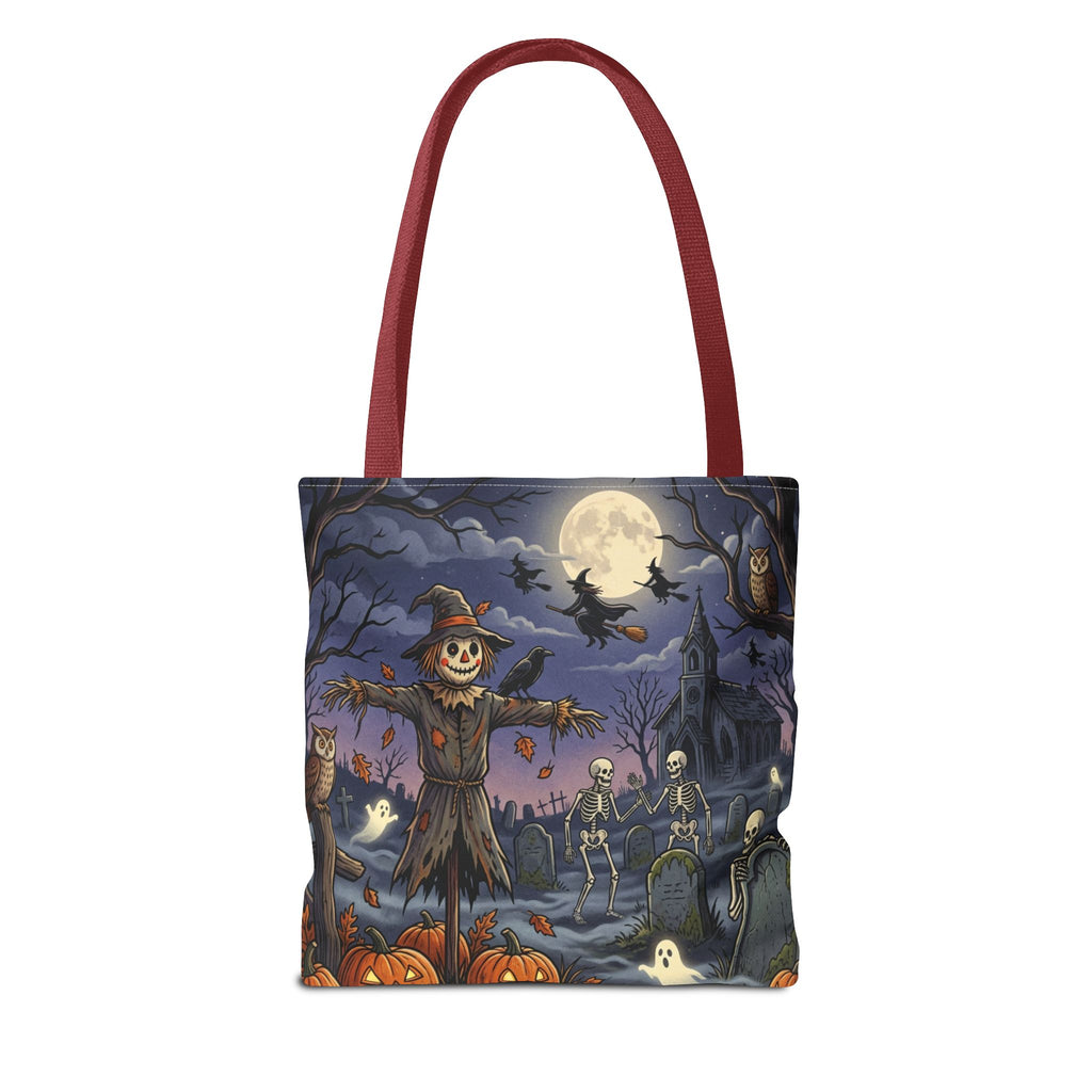 Halloween Haunted Night Tote Bag – Spooky Scarecrow & Skeletons All-Over Print