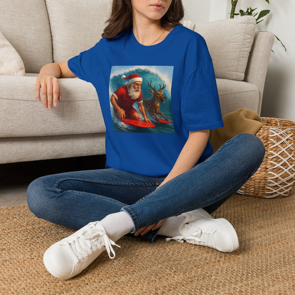 Santa Surfing T-Shirt — Retro Santa and Reindeer Surf Holiday Tee