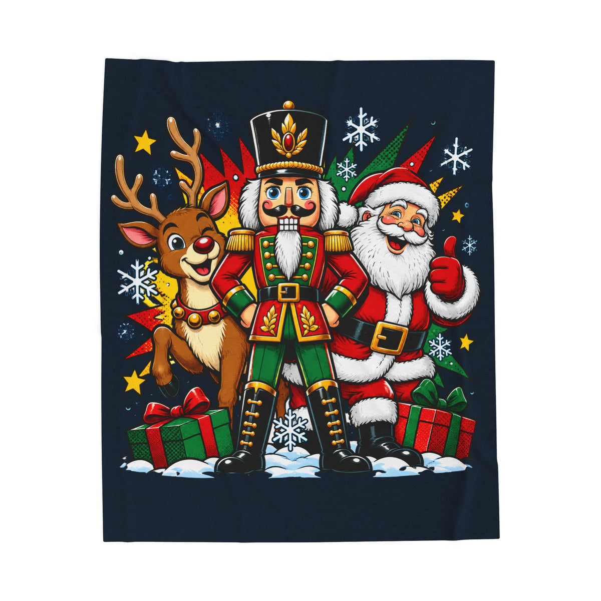 Christmas Nutcracker, Santa & Reindeer Velveteen Plush Blanket