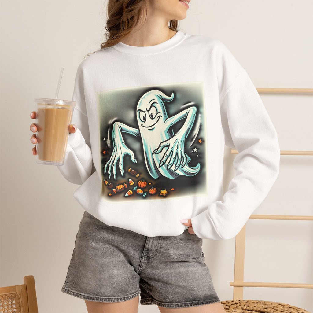 Candy Ghost Halloween Crewneck Sweatshirt — Retro Spooky Ghost with Candy Corn