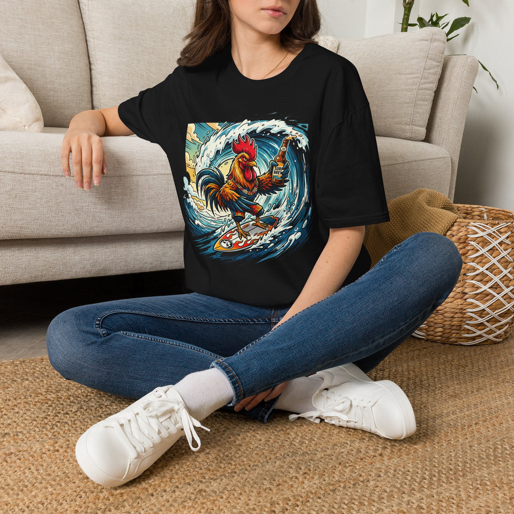 Surfing Rooster T-Shirt — Vintage Wave Rooster Holding Beer Graphic Tee