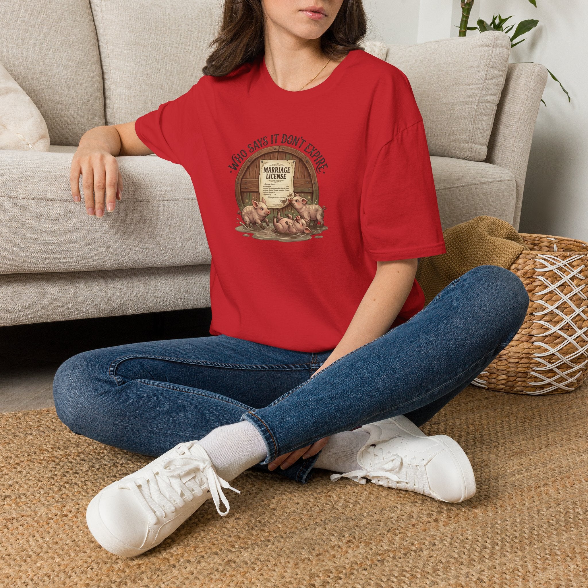 Funny Pig Wedding T-Shirt — "Who Says It Don't Expire" Marriage License Graphic Tee