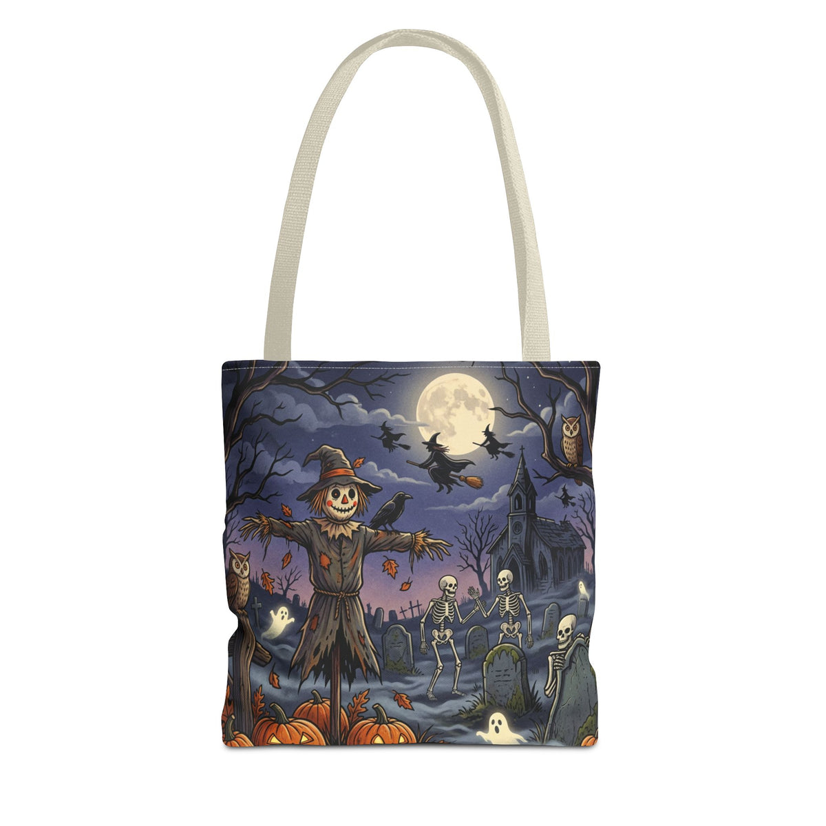 Halloween Haunted Night Tote Bag – Spooky Scarecrow & Skeletons All-Over Print