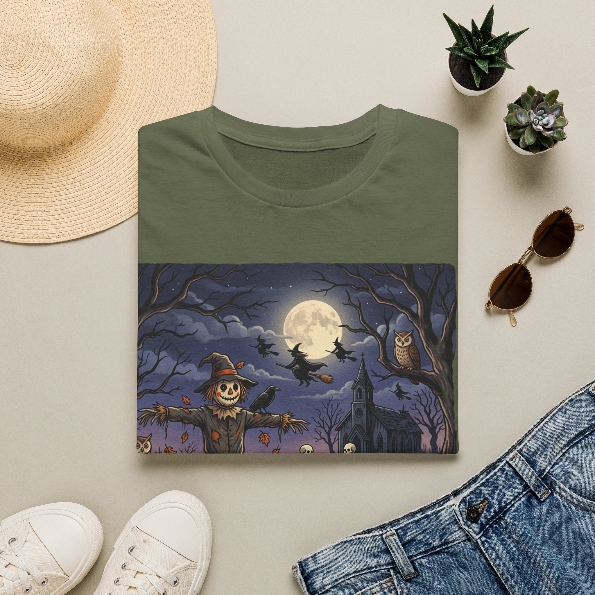 Halloween Night T-Shirt — Spooky Scarecrow & Full Moon Scene