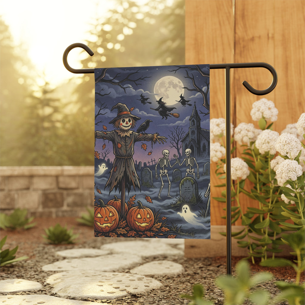 Halloween Scarecrow Garden Flag — Spooky Pumpkin Graveyard Yard Banner