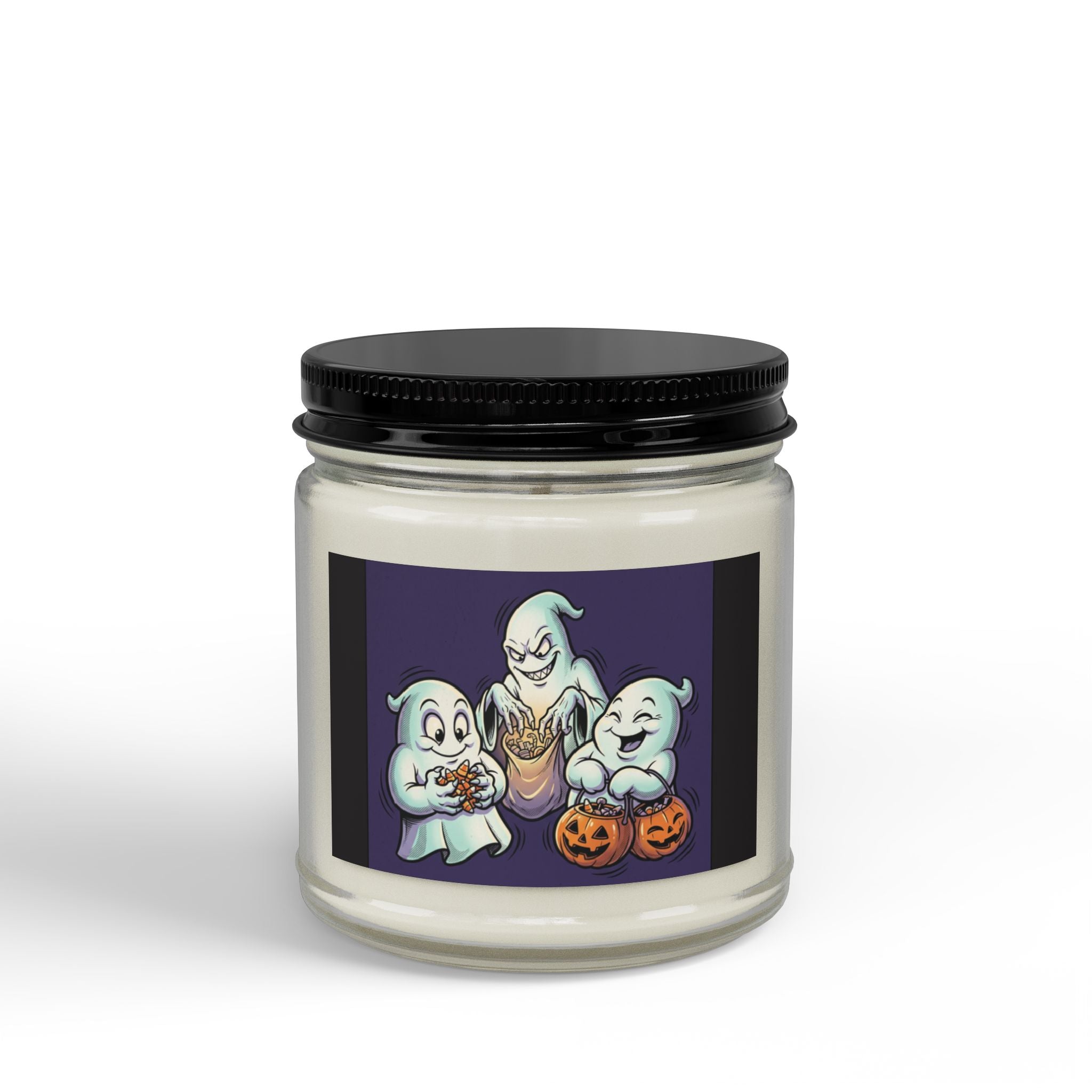 THREE GREEDY GHOST HALLOWEEN Scented Soy Candles with Black Lid, (4 and 9oz)