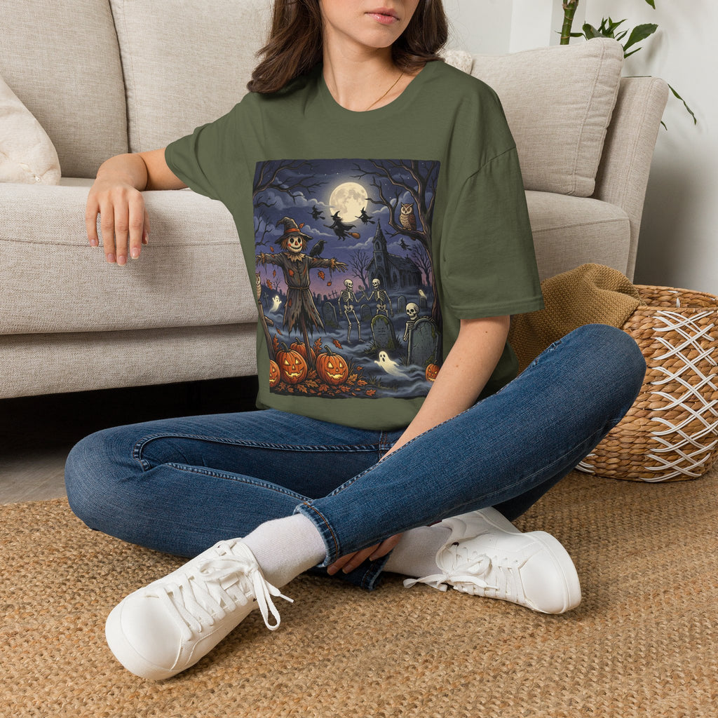 Halloween Night T-Shirt — Spooky Scarecrow & Full Moon Scene