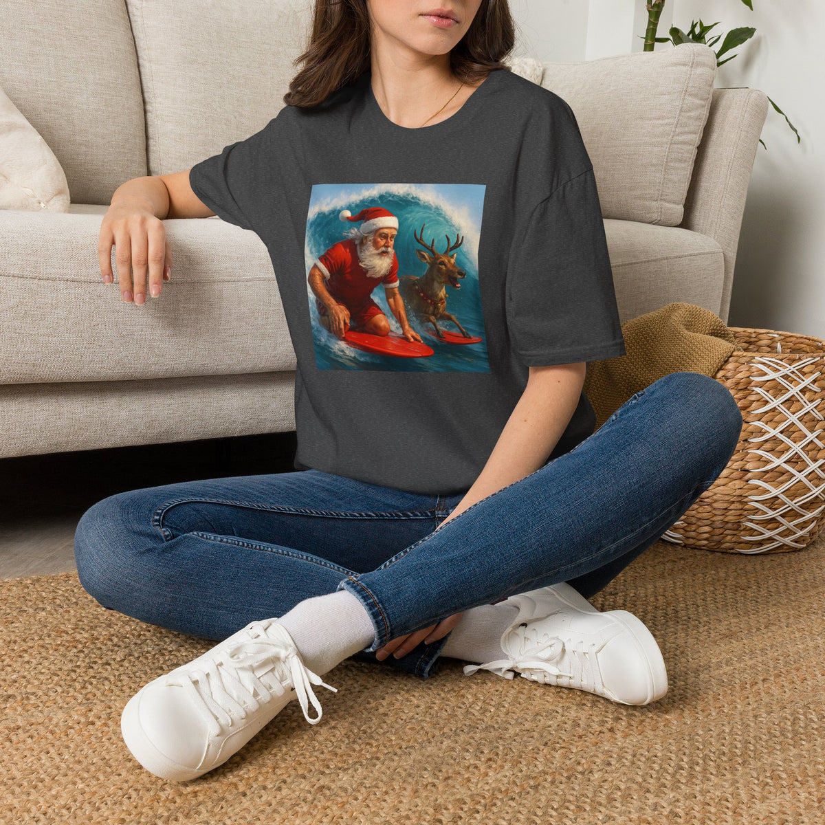 Santa Surfing T-Shirt — Retro Santa and Reindeer Surf Holiday Tee