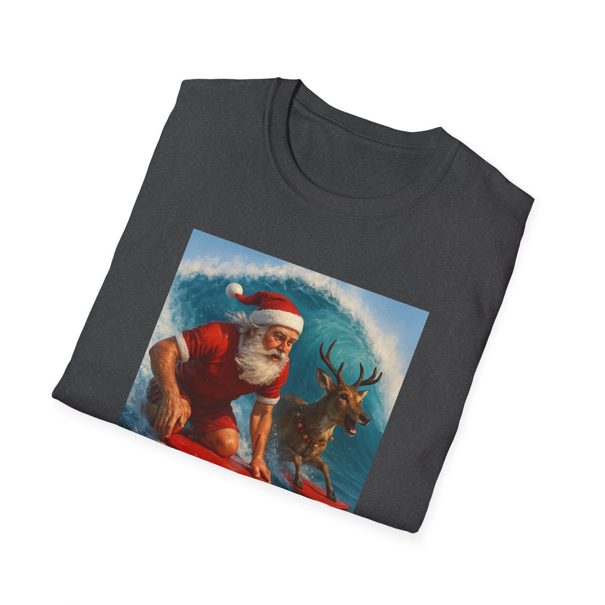 Santa Surfing T-Shirt — Retro Santa and Reindeer Surf Holiday Tee