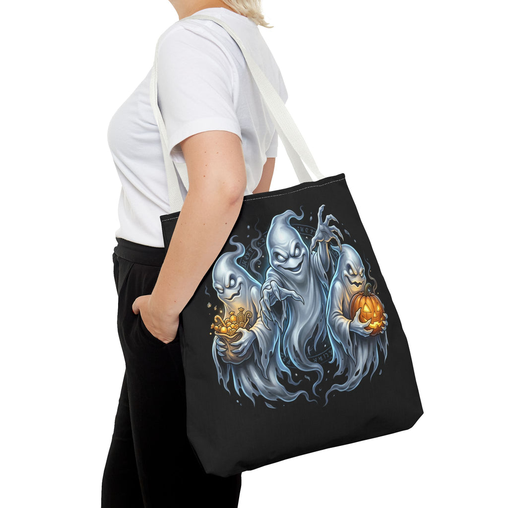 Halloween Ghost Trio Tote Bag — Spooky Pumpkin Trick-or-Treat AOP Tote